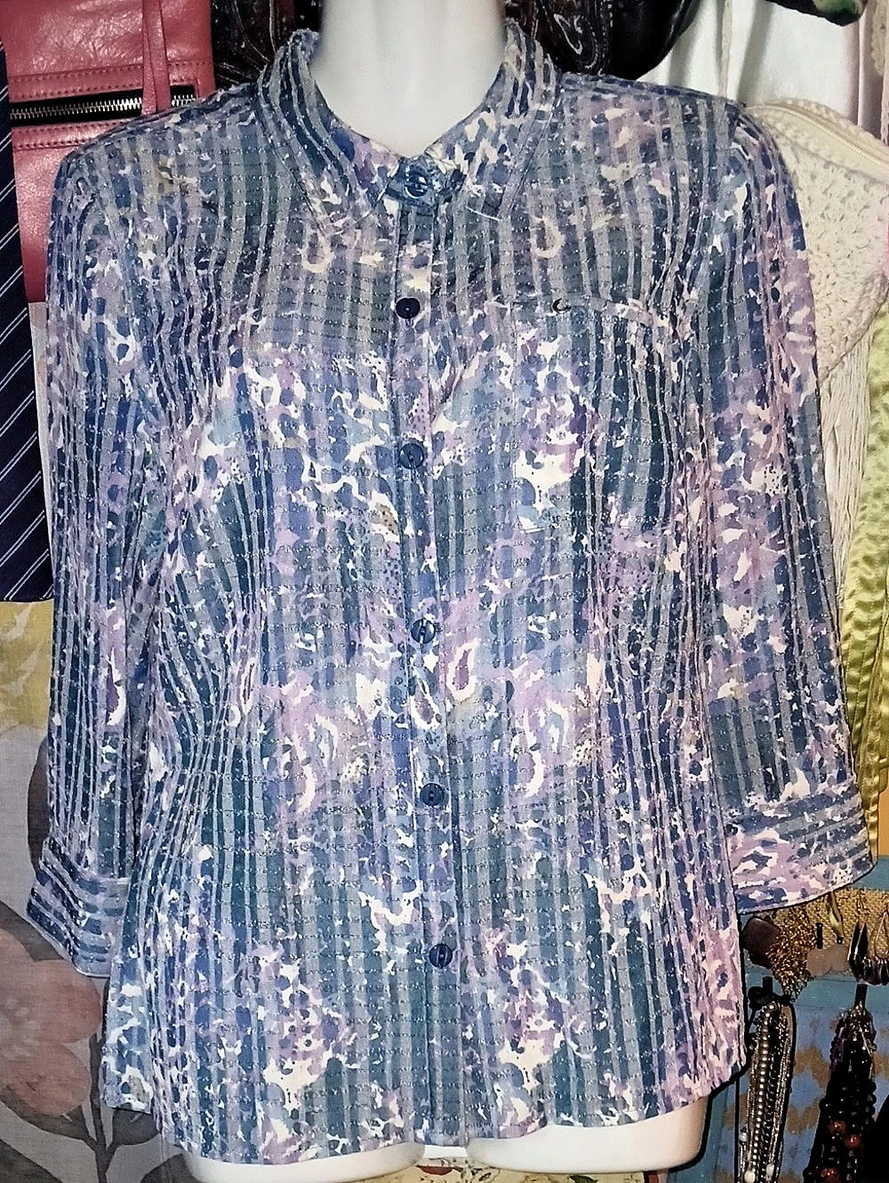 Christopher & Banks Floral & Striped Rayon 3/4 Length Sleeve Button Down Shirt S